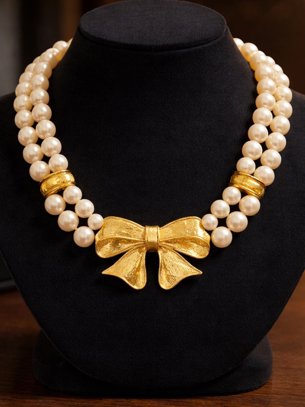 Napier Vintage Cream Pearl Double-Strand Necklace with Gold Bow Centerpiece